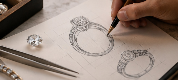 Illustrative pencil sketch of ring designs at a work table