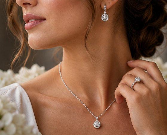 Illustrative image: a model wearing a pendant necklace, drop earrings and a ring